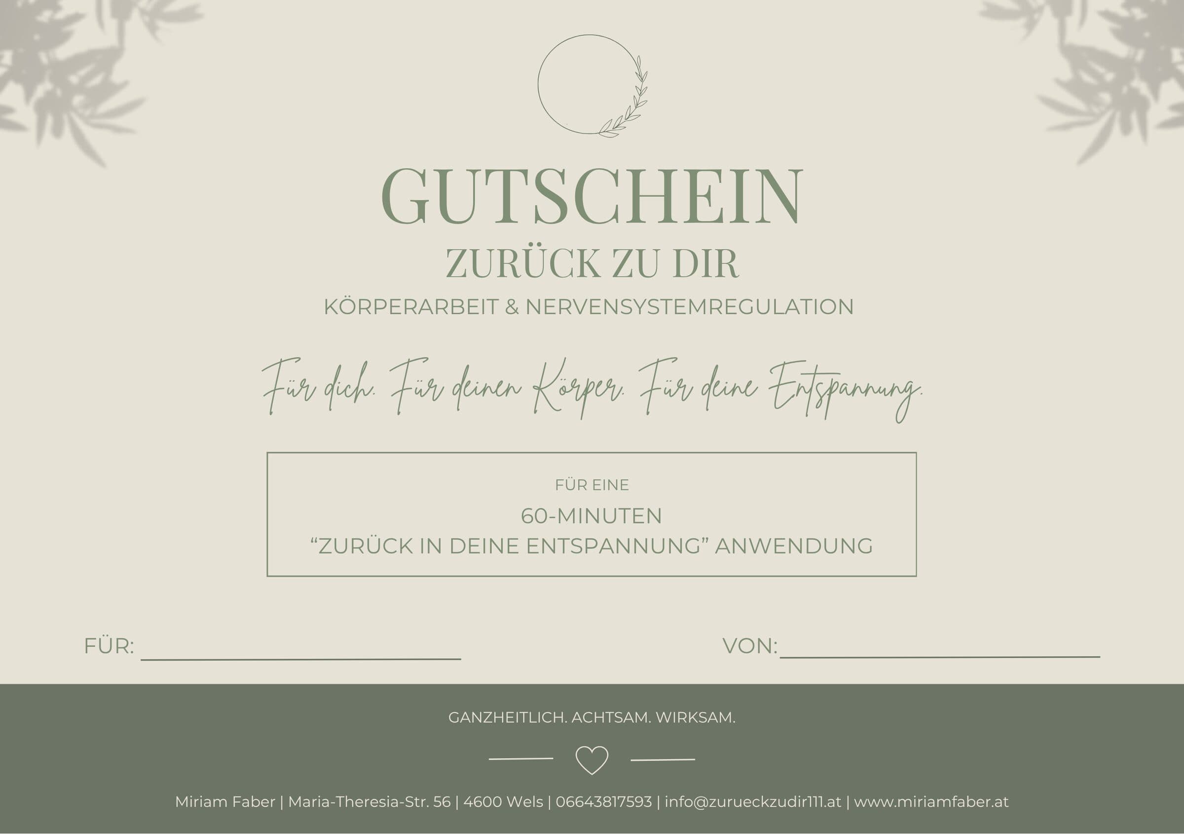 Gutschein „Zurück zu DIR“ für eine Körperanwendung